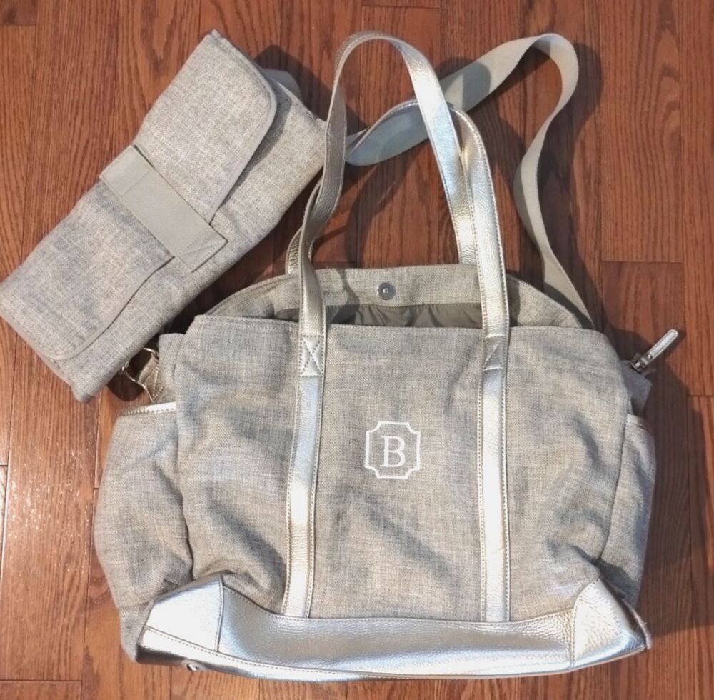 Pottery Barn Kids Diaper Bag with Changing Pad, Beige with Metallic Leather Trim